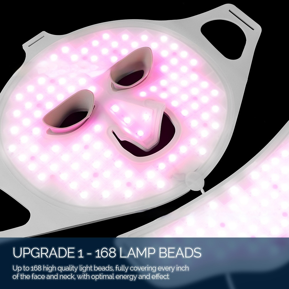 LED face and neck mask with pink light beads on a black background