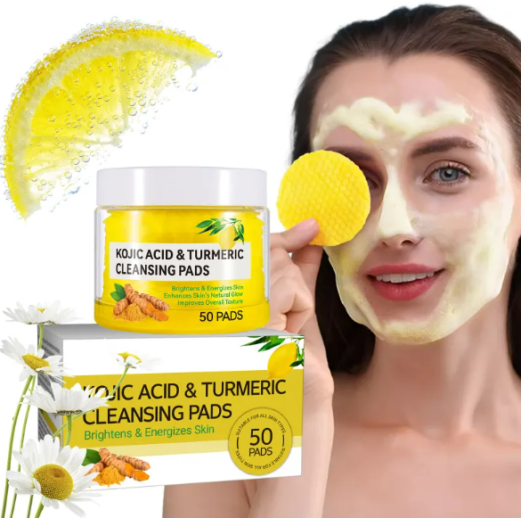 Woman using Kojic Acid & Turmeric Cleansing Pads with lemon and product packaging on a white background