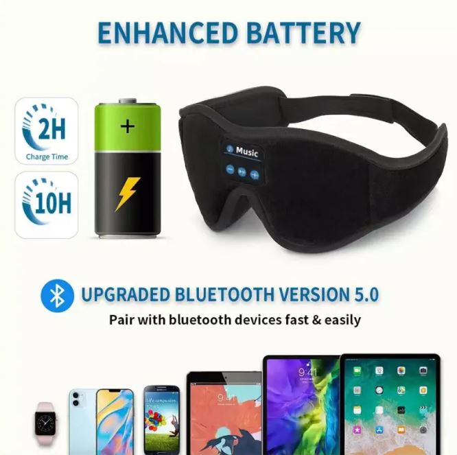 Black sleep mask with battery icon and smartphone compatibility
