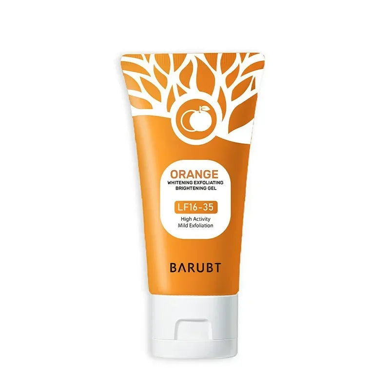 Orange and white tube of Barubt skincare product on a white background