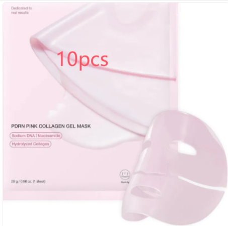 Pink collagen gel mask packaging with '10 pcs' text on a white background