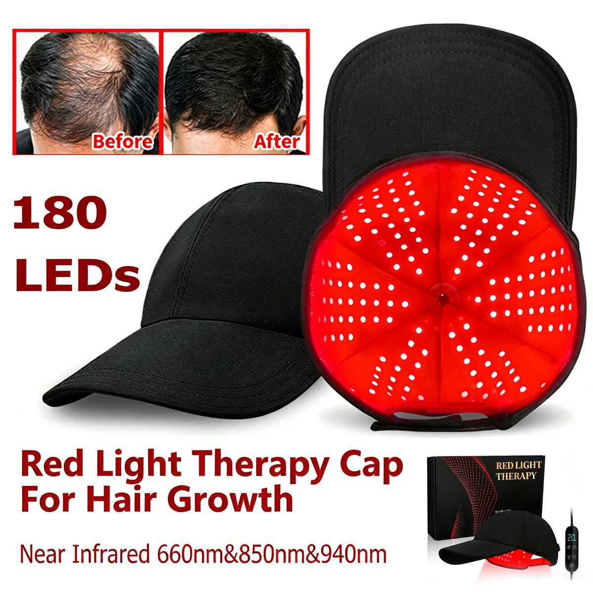 Red light therapy cap for hair growth with LED lights, before and after hair growth comparison, and product packaging.