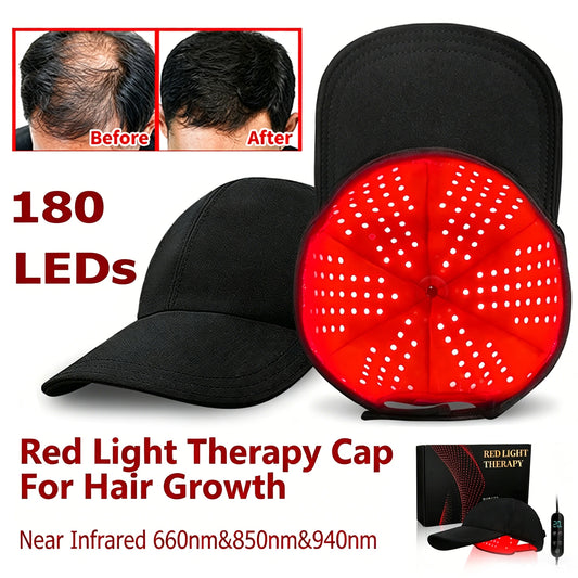Red light therapy cap for hair growth with LED lights, before and after hair growth comparison, and product packaging.