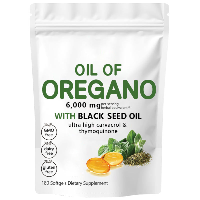 Supplement package labeled 'Oil of Oregano with Black Seed Oil' on a white background