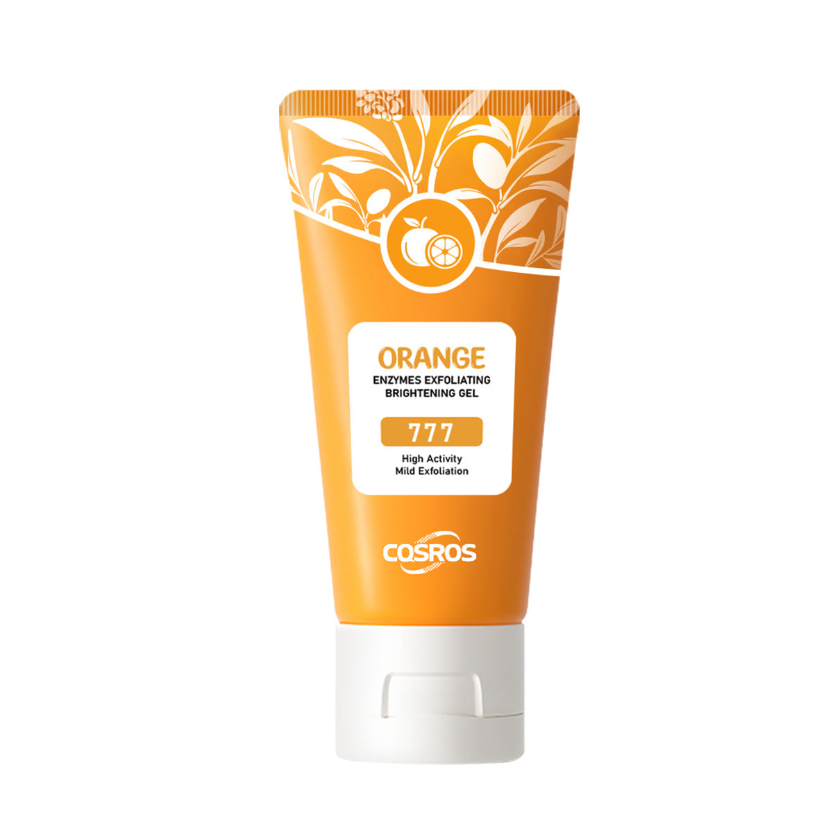 Cosmetic tube labeled 'Orange Enzymes Exfoliating Brightening Gel' by Cosros on a white background