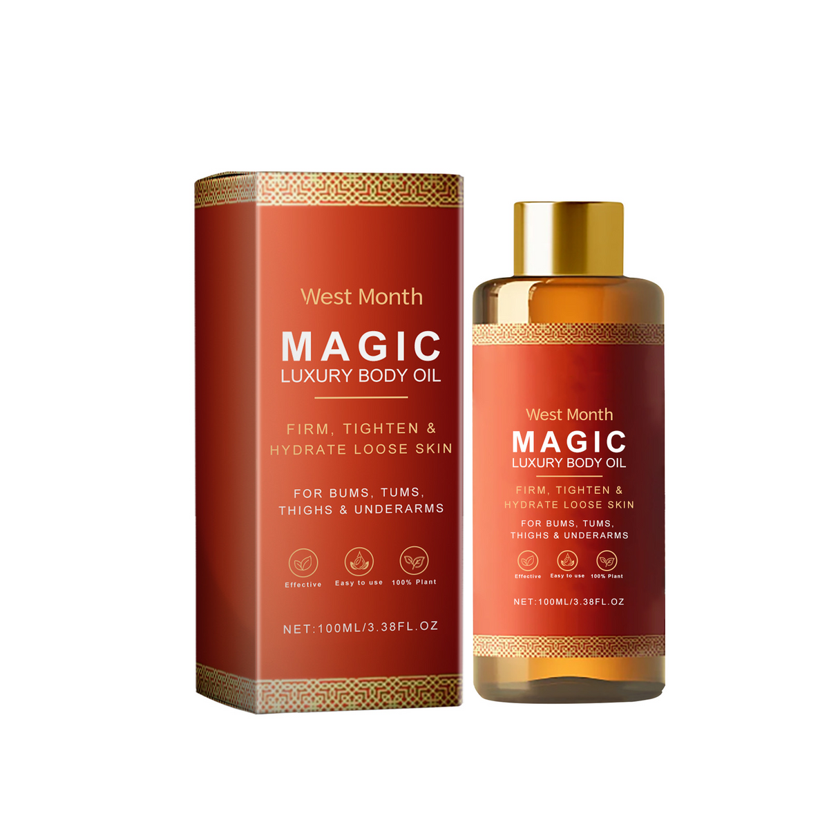 West Month Magic Luxury Body Oil bottle and packaging on a white background