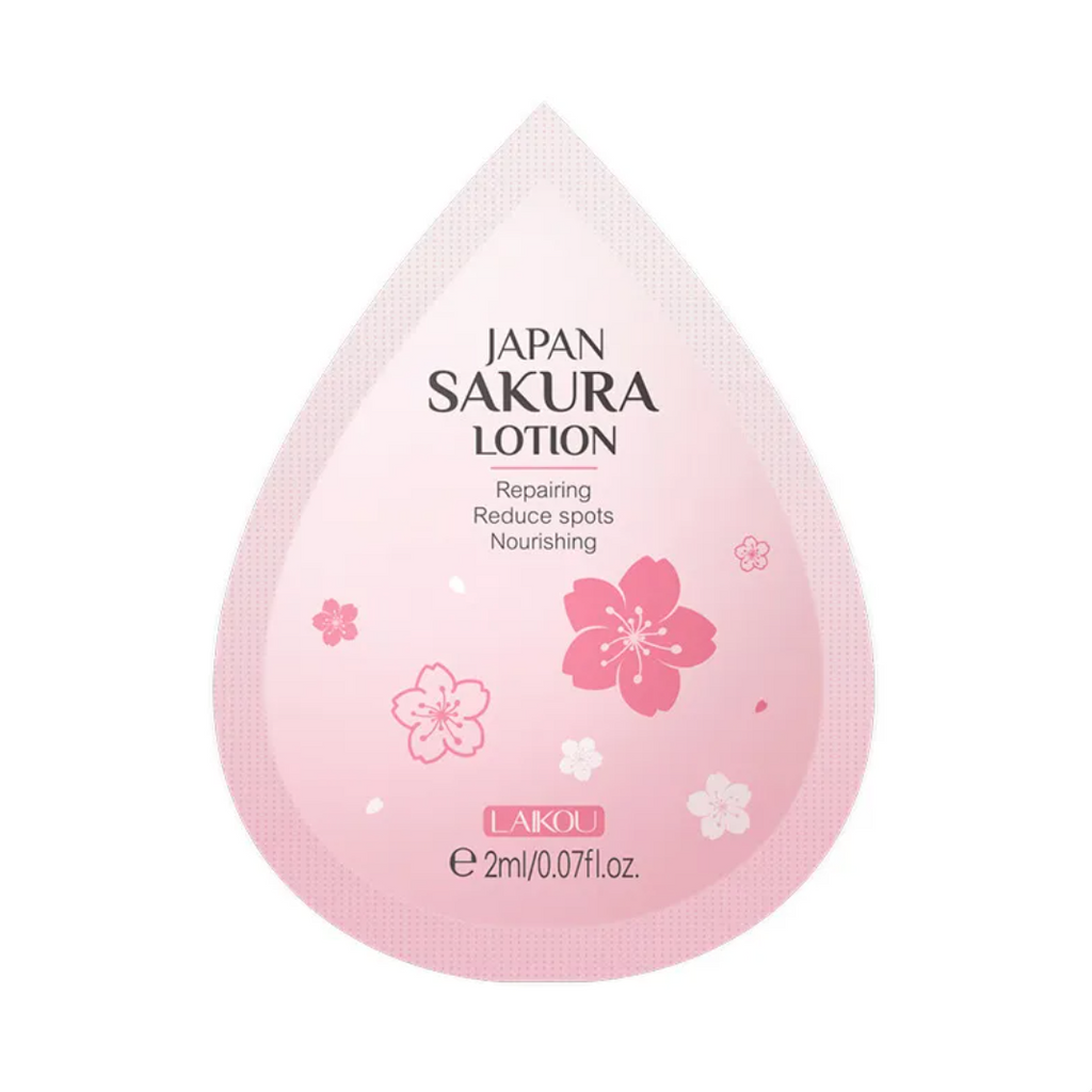 Pink lotion packaging with cherry blossom design and 'Japan Sakura Lotion' text on a white background