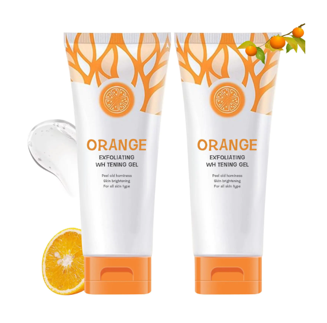 Two white tubes of exfoliating whitening gel with orange caps and orange tree graphics, shown on a white background with a sliced orange and a gel smear.
