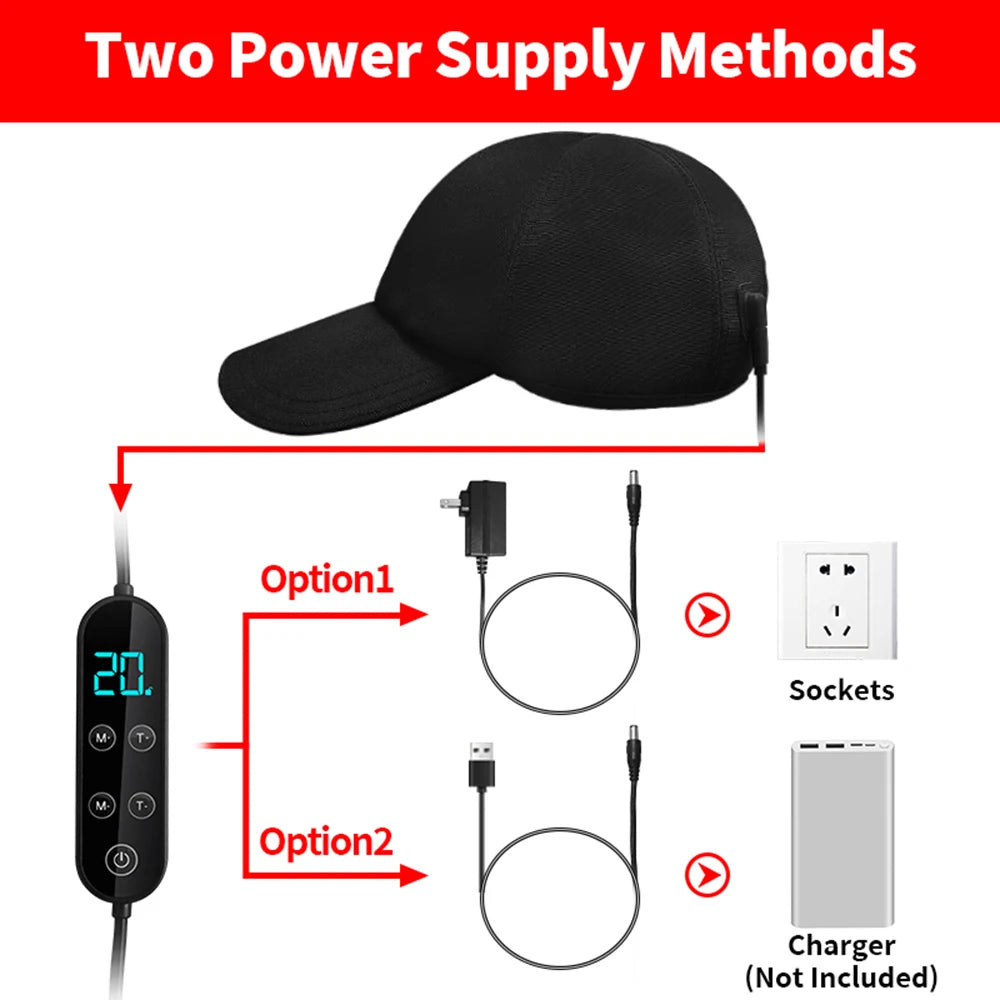 Diagram showing two power supply methods for a black cap with digital display and charging options.