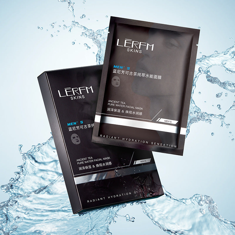 Two black facial mask packages with water splash background, featuring the brand 'LERFM Skins'.