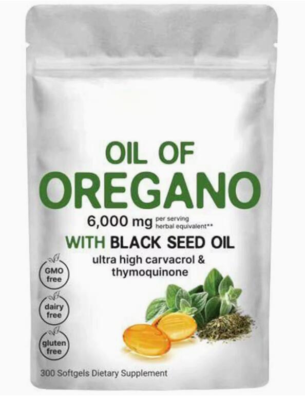 Supplement package labeled 'Oil of Oregano with Black Seed Oil' on a white background