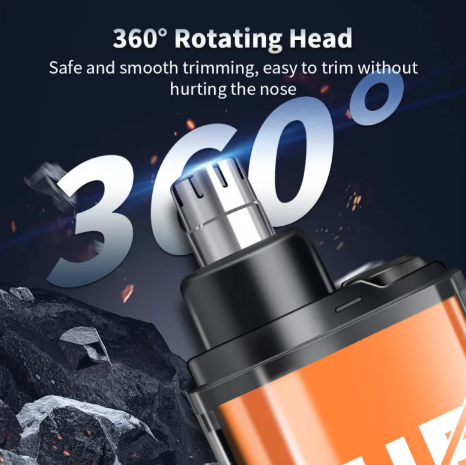 360-degree rotating head trimmer with text on a dark background