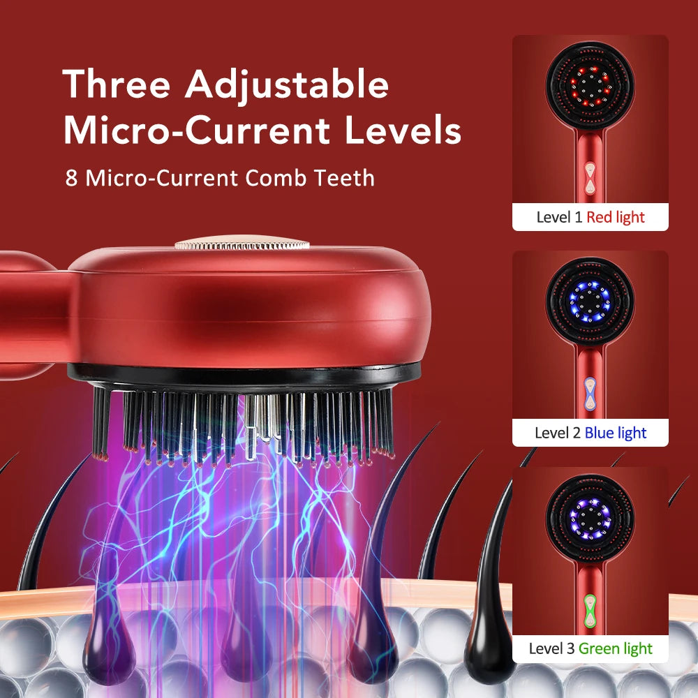 Red hair massager with adjustable micro-current levels on a red background
