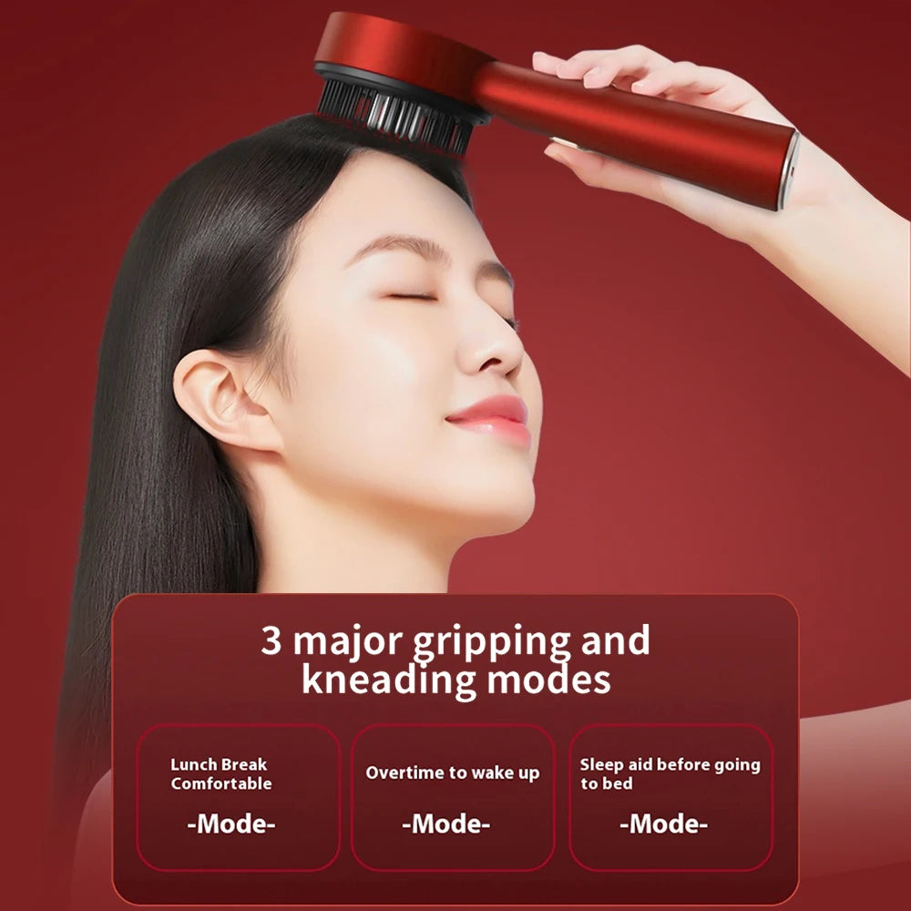 Woman using a red scalp massager with text on modes against a red background