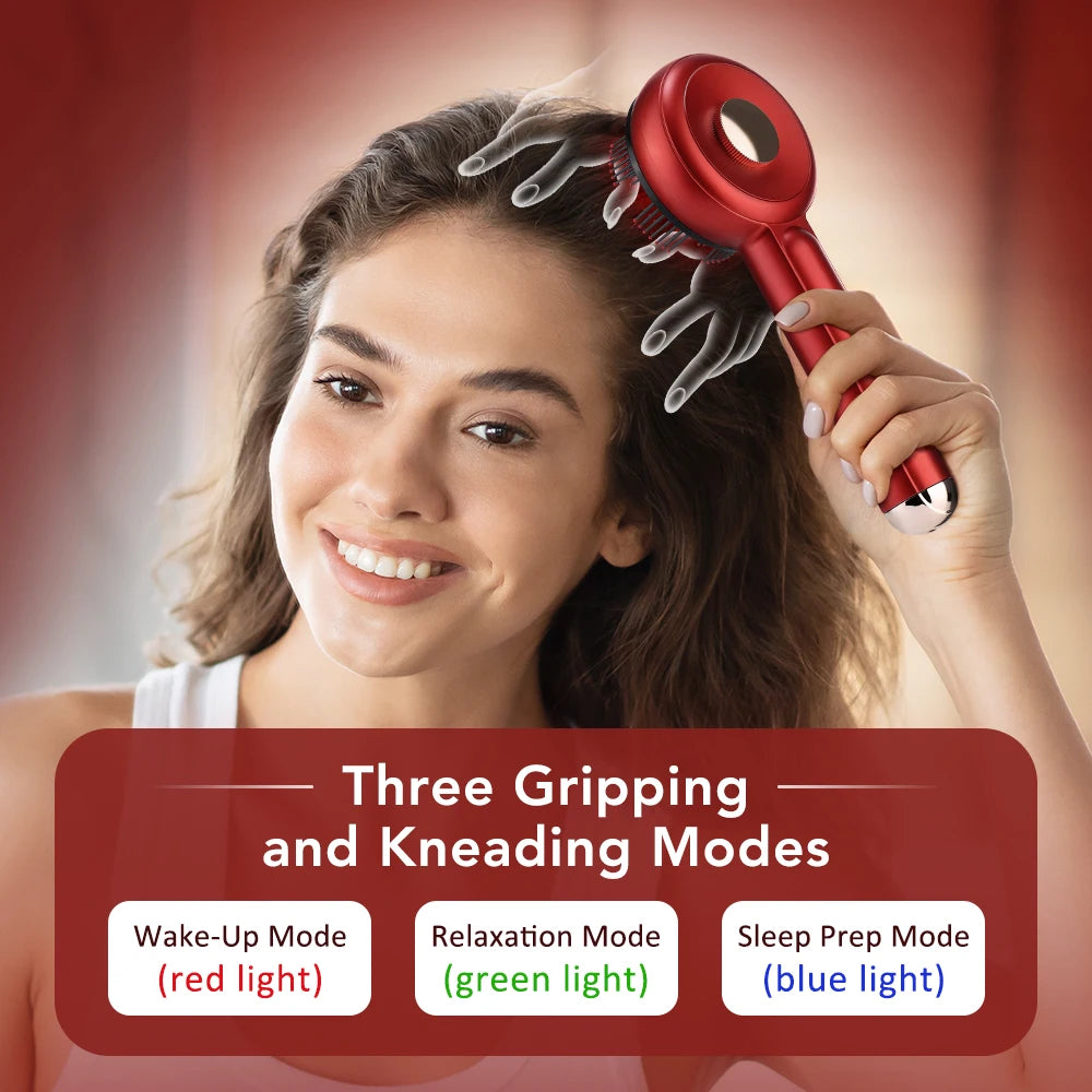 Woman using a red hairbrush with text about three gripping and kneading modes on a blurred background