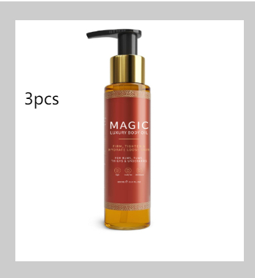 Red bottle with gold pump labeled 'Magic' on a white background