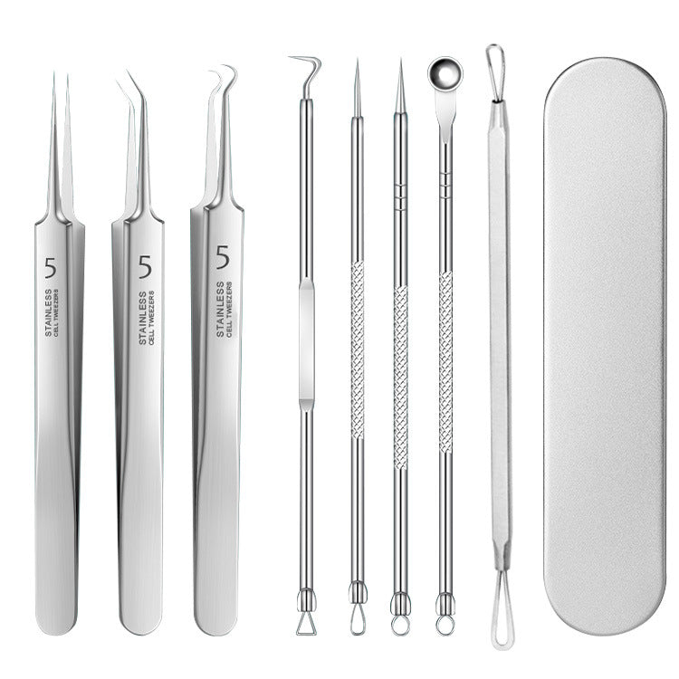 Set of stainless steel skincare tools with a case on a white background
