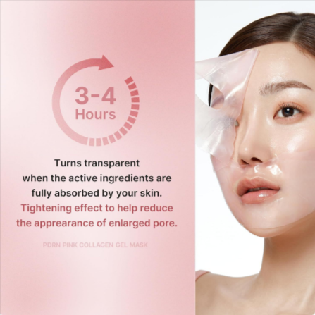 Collagen gel mask with text on a pink background and a model wearing the mask.