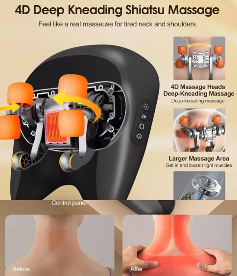 Massage device with 4D deep kneading Shiatsu technology, showing massage heads and control panel.