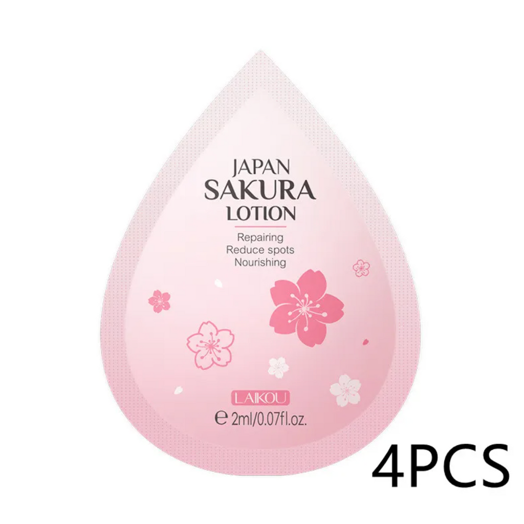 Pink drop-shaped container labeled 'Japan Sakura Lotion' with cherry blossom designs on a white background.