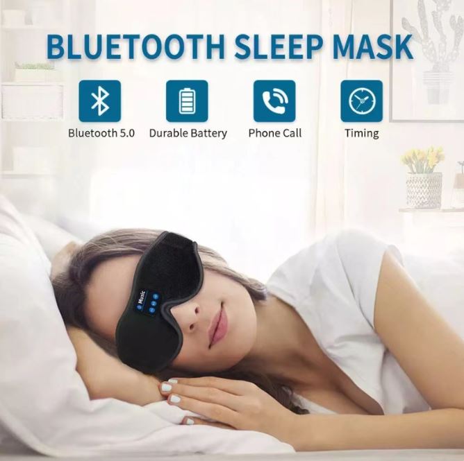 Woman wearing a Bluetooth sleep mask with product features displayed above.