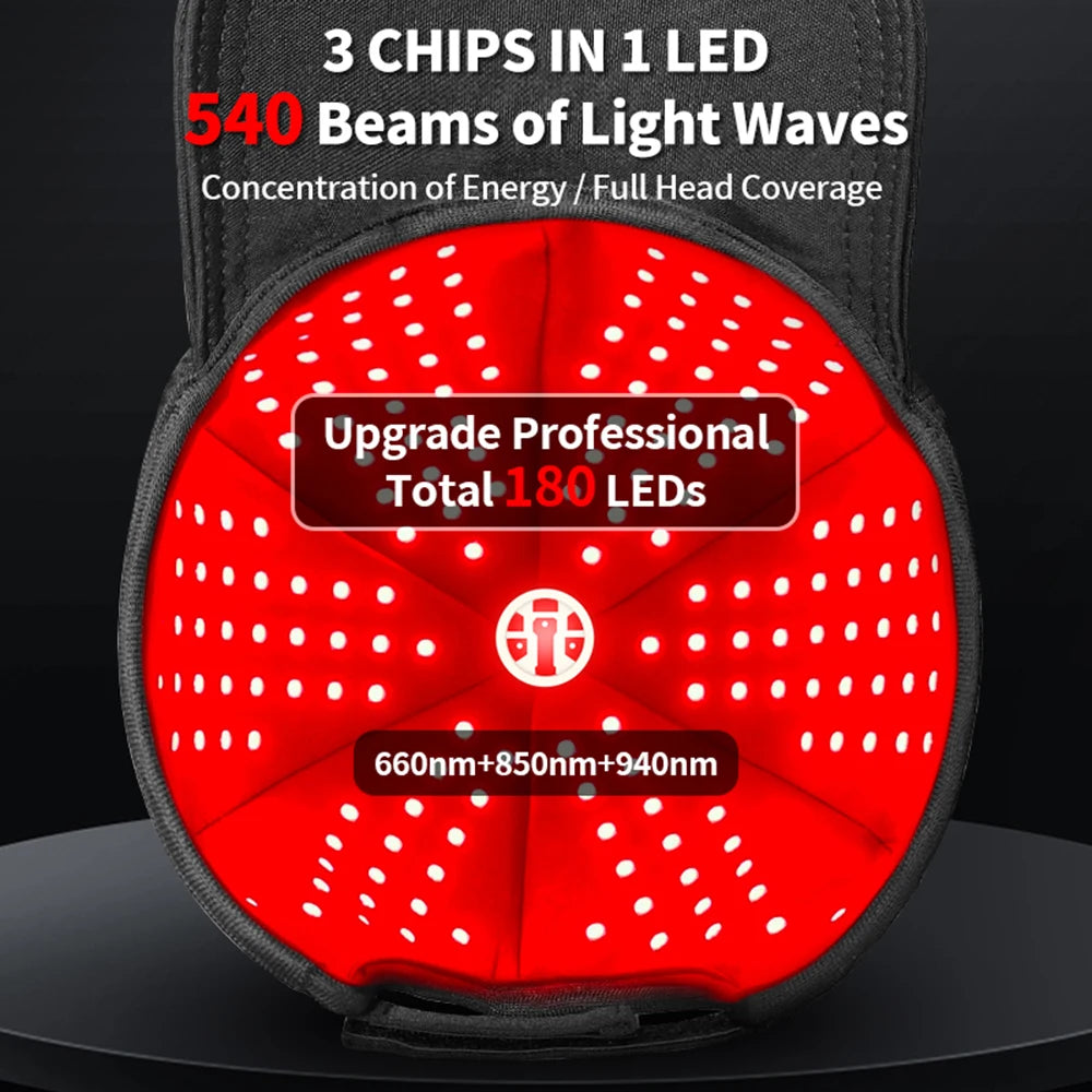 Red LED light component with text detailing features on a black background