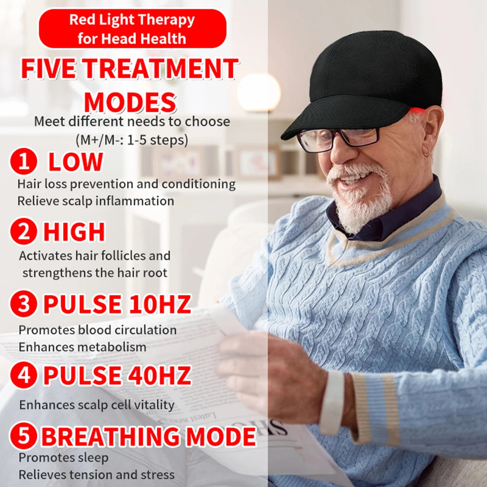 Man using a device with text about red light therapy for head health treatment modes.