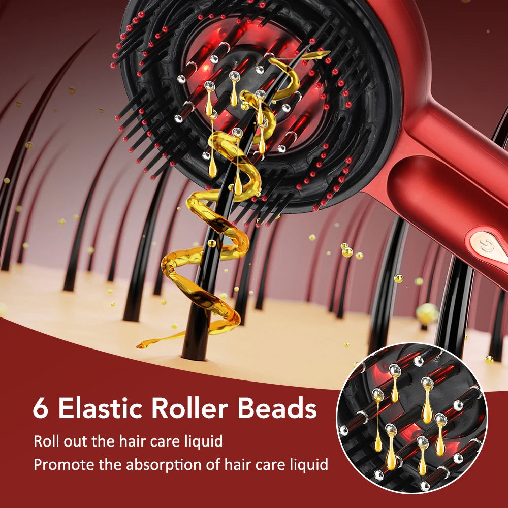 Hair care product with elastic roller beads and hair care liquid droplets on a red background