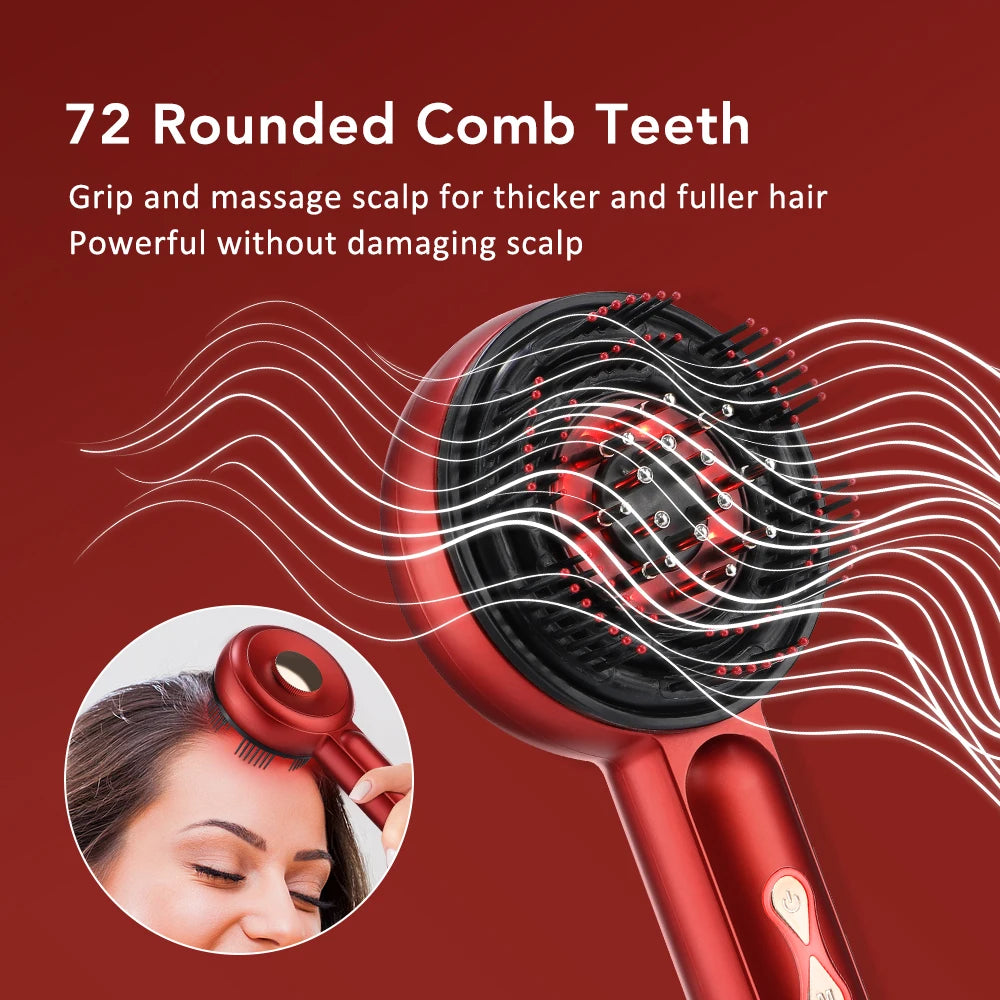 Red hair dryer with black comb attachment on a red background, featuring text about rounded comb teeth.