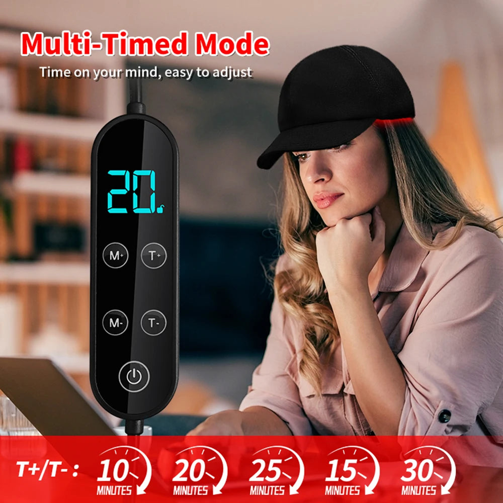 Digital timer with adjustable time settings displayed next to a woman in a blurred indoor setting.