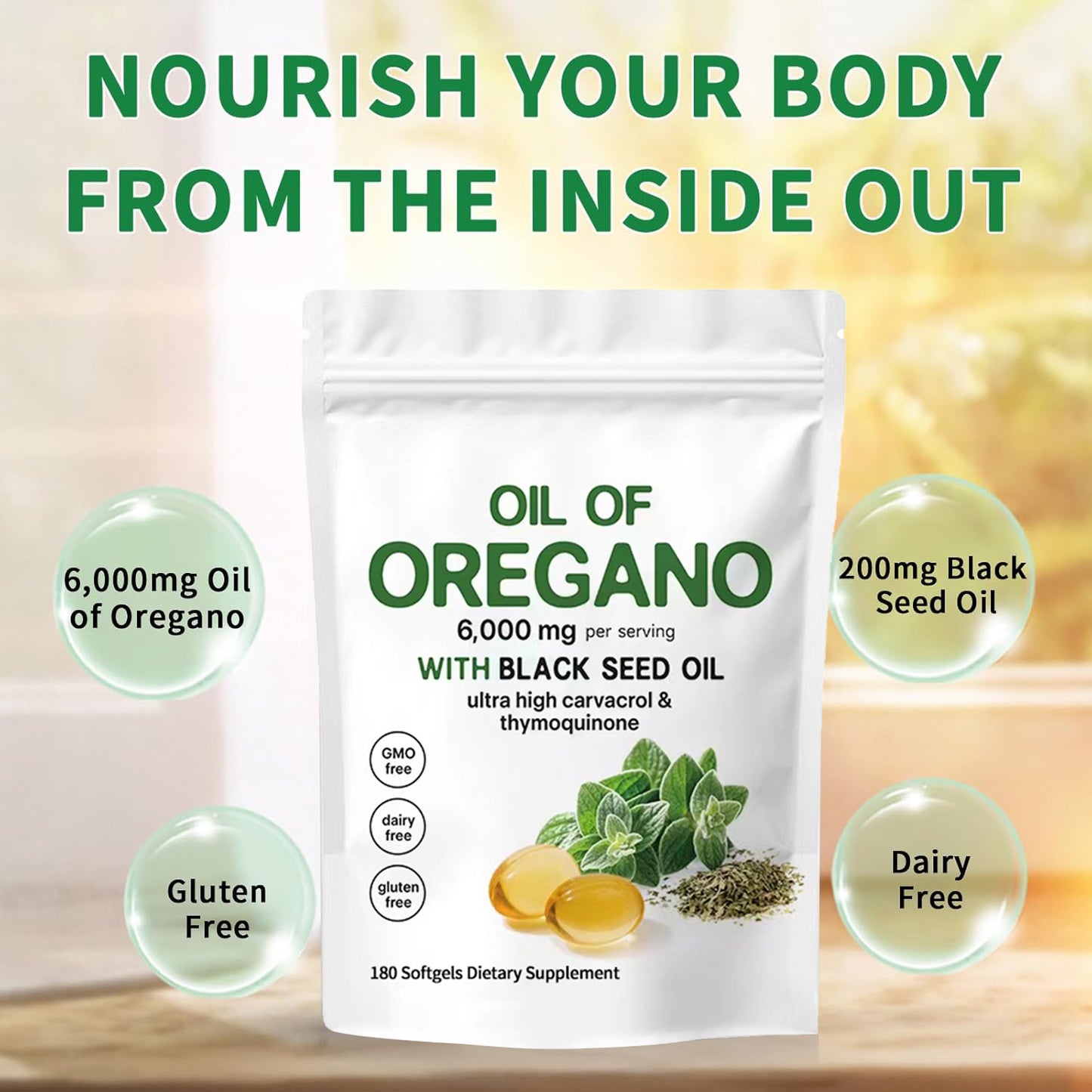 Supplement package with oil of oregano and black seed oil on a wooden surface.