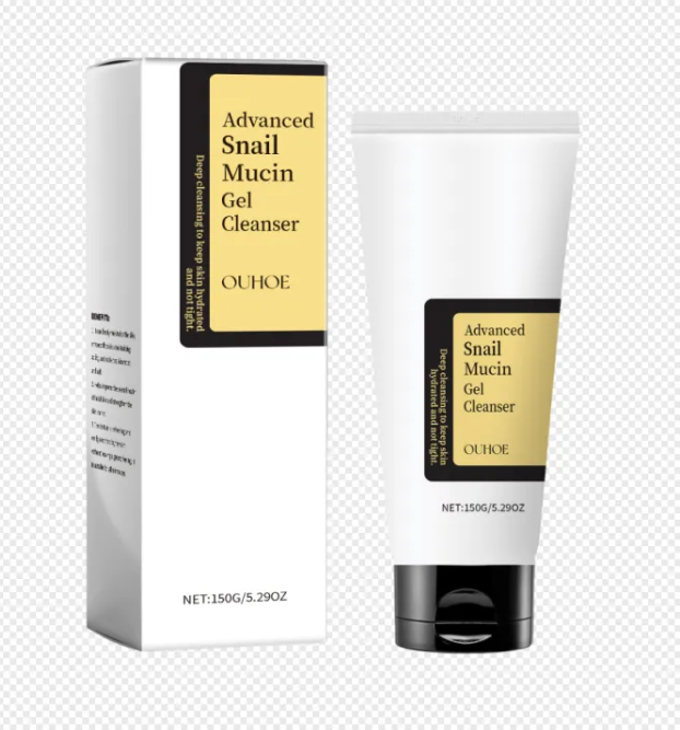 OUHOE Advanced Snail Mucin Gel Cleanser packaging and tube on a white background