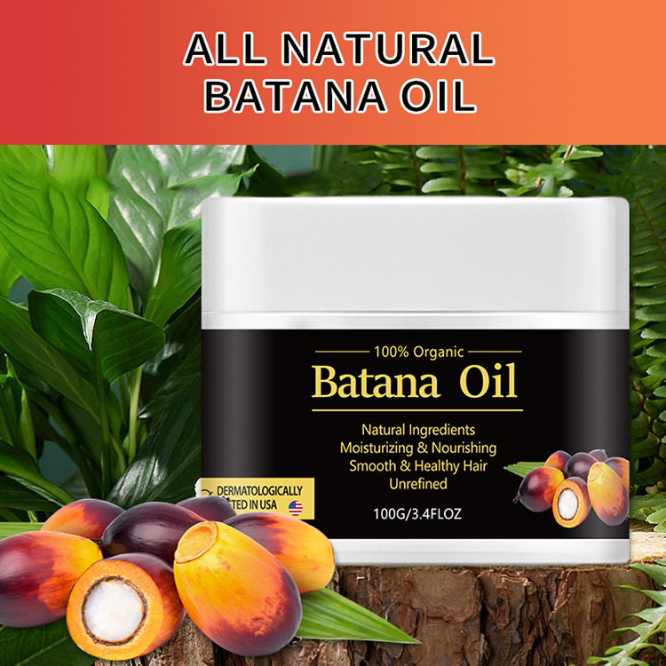 Jar of Batana Oil with natural ingredients and branding on a green leafy background
