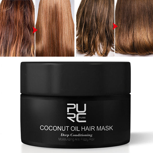 Black jar of PURE Coconut Oil Hair Mask on a white background