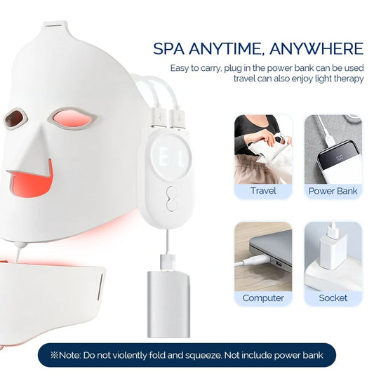 LED face mask with power bank function, shown with text 'Spa Anytime, Anywhere' and usage scenarios.