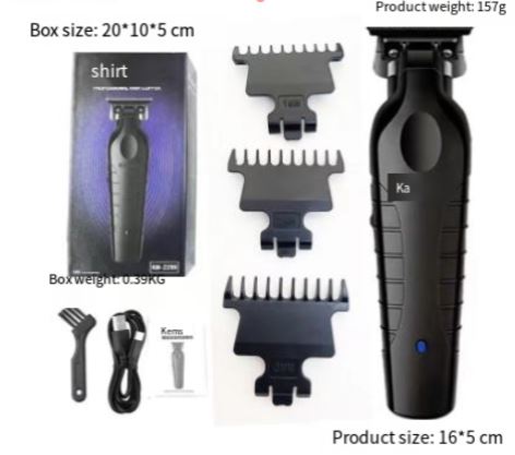 Hair trimmer set with attachments and packaging on a white background