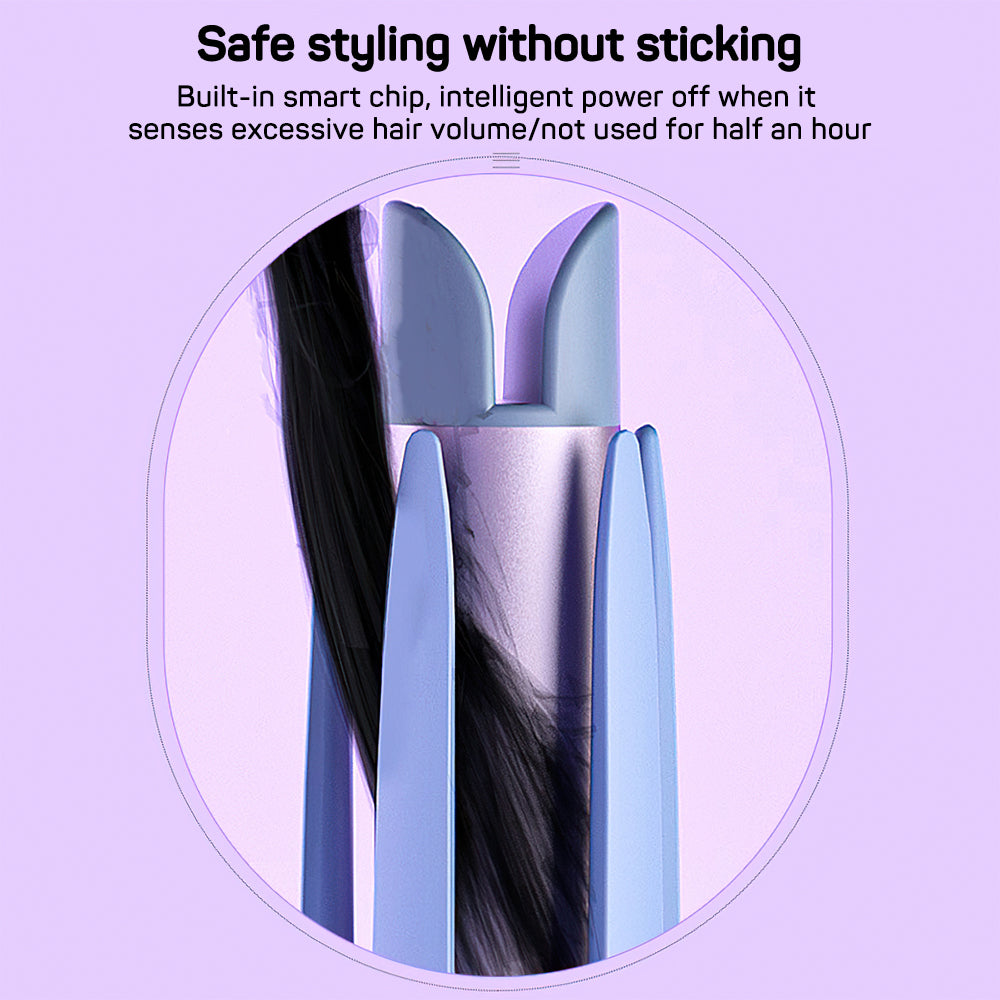 Hair styling tool with text about safe styling and smart chip technology on a purple background