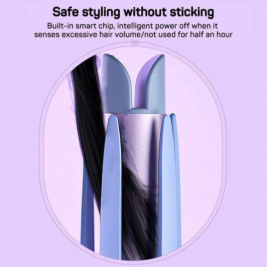 Hair styling tool with text about safe styling and smart chip technology on a purple background