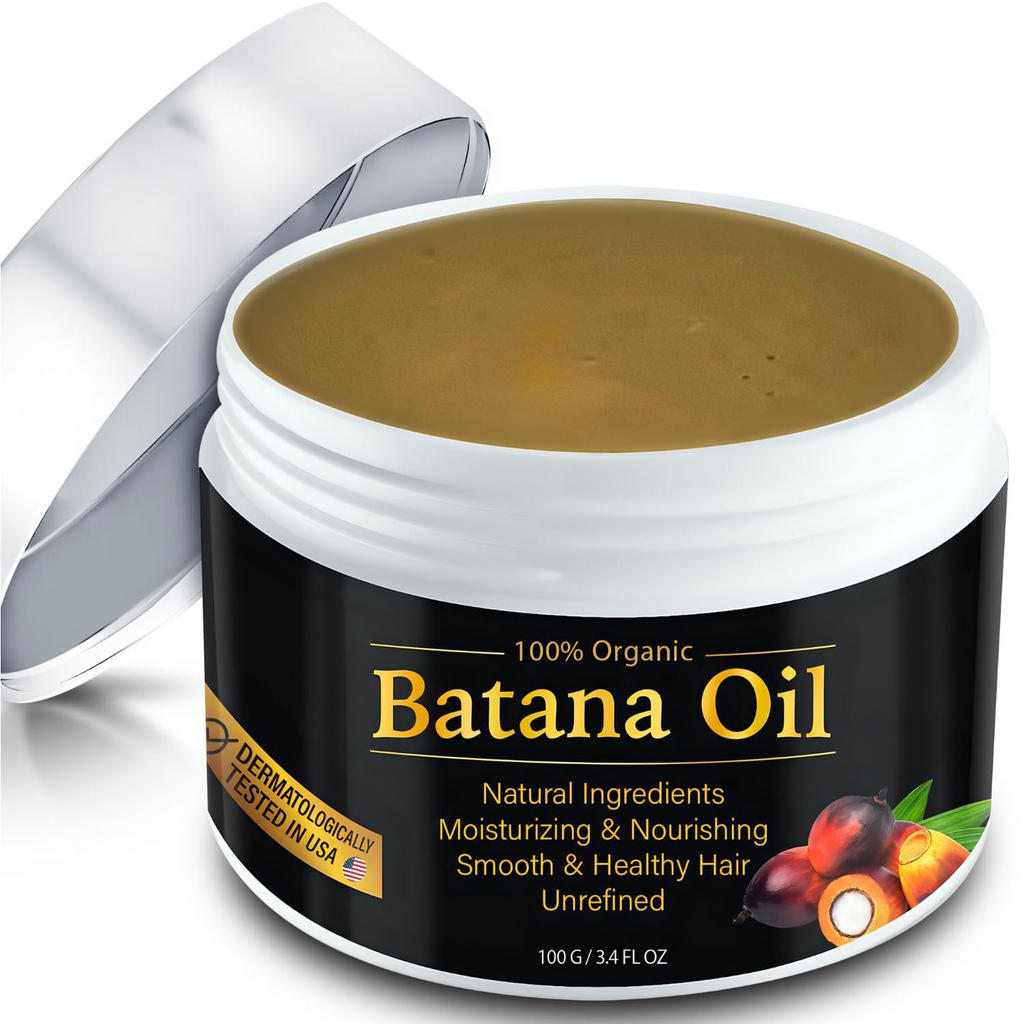 An open jar of YBW Batana Oil showing the golden-brown oil inside, with its silver lid leaning behind it on a clean white background. The jar has a black label with gold text and illustrations of banana leaves and fruit.