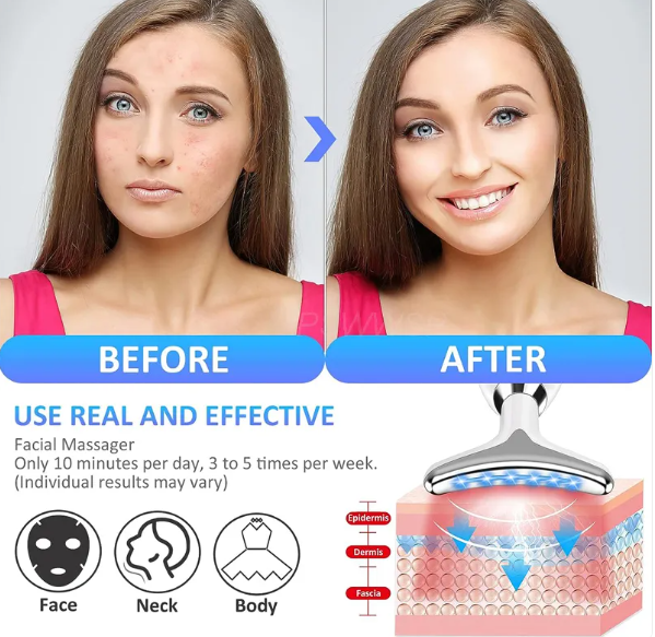 Before and after comparison of a woman's face using a facial massager, with text about usage and effects.