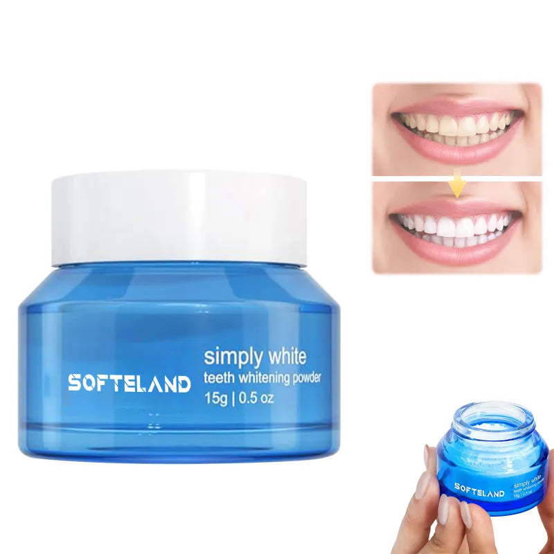 Blue jar of teeth whitening powder with before and after smile images.