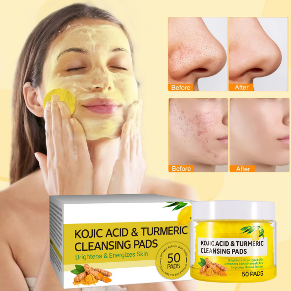 Kojic Acid & Turmeric Cleansing Pads packaging with a woman applying the product and before-and-after results on skin.