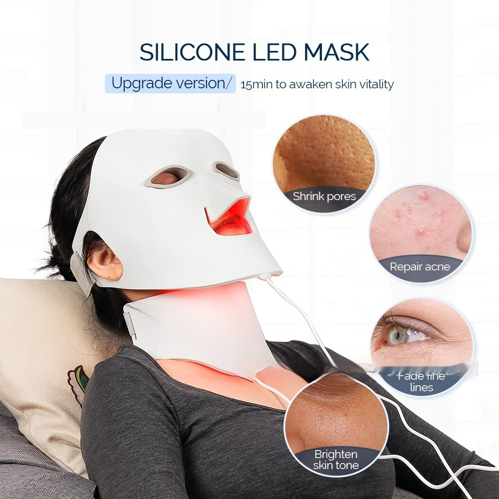 Person wearing a silicone LED mask with text and icons indicating its benefits.