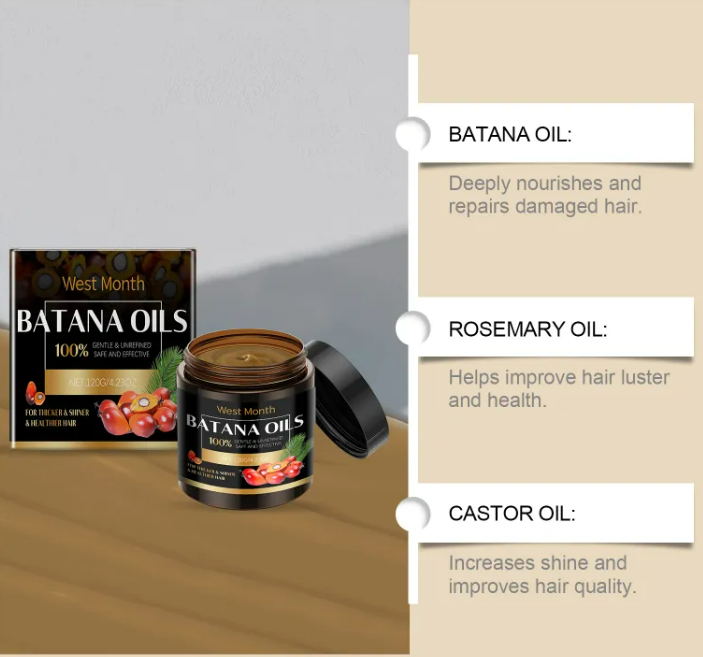 Batana Oils product with features listed on a beige background