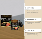 Batana Oils product with features listed on a beige background