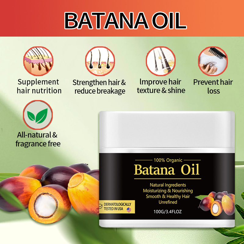 Batana Oil packaging with illustrations of its benefits and natural ingredients.