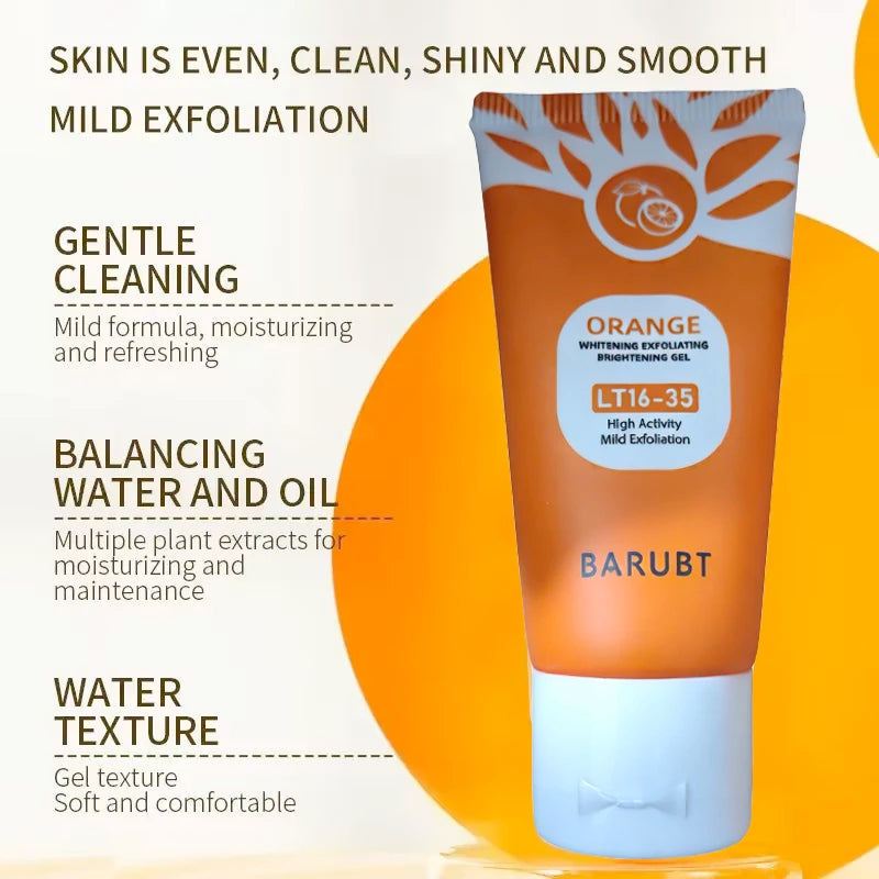 Orange tube of Barubt skincare product with text about skin benefits on a white background