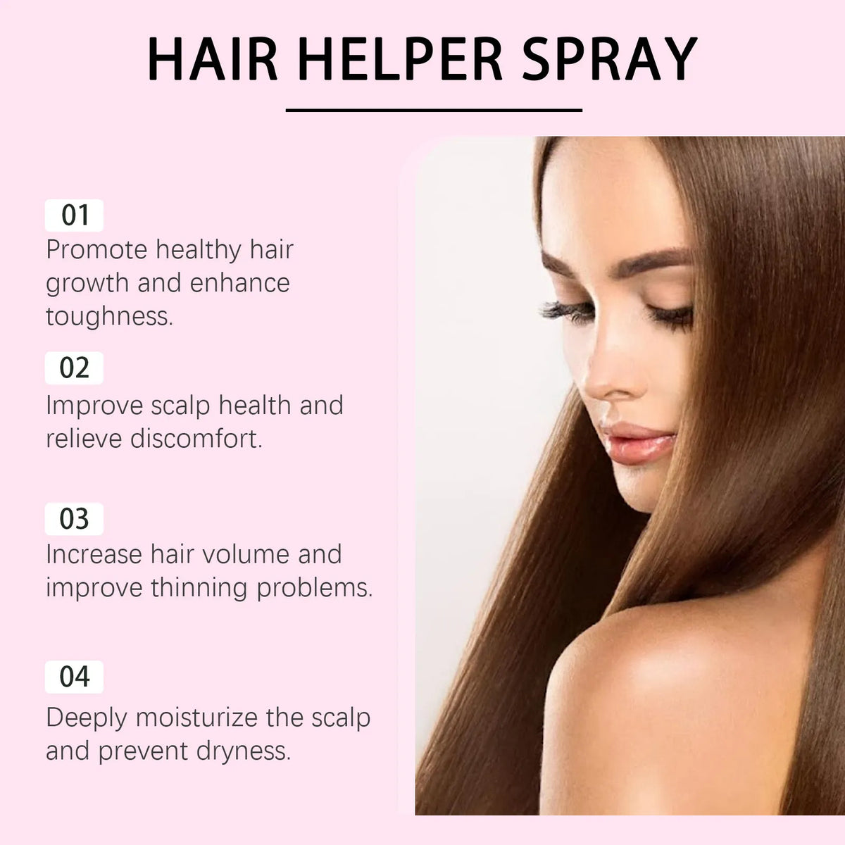 Advertisement for hair helper spray with a woman with long hair on a pink background