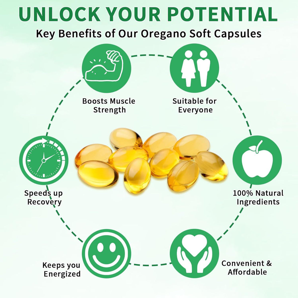 Oregano soft capsules with key benefits on a green background