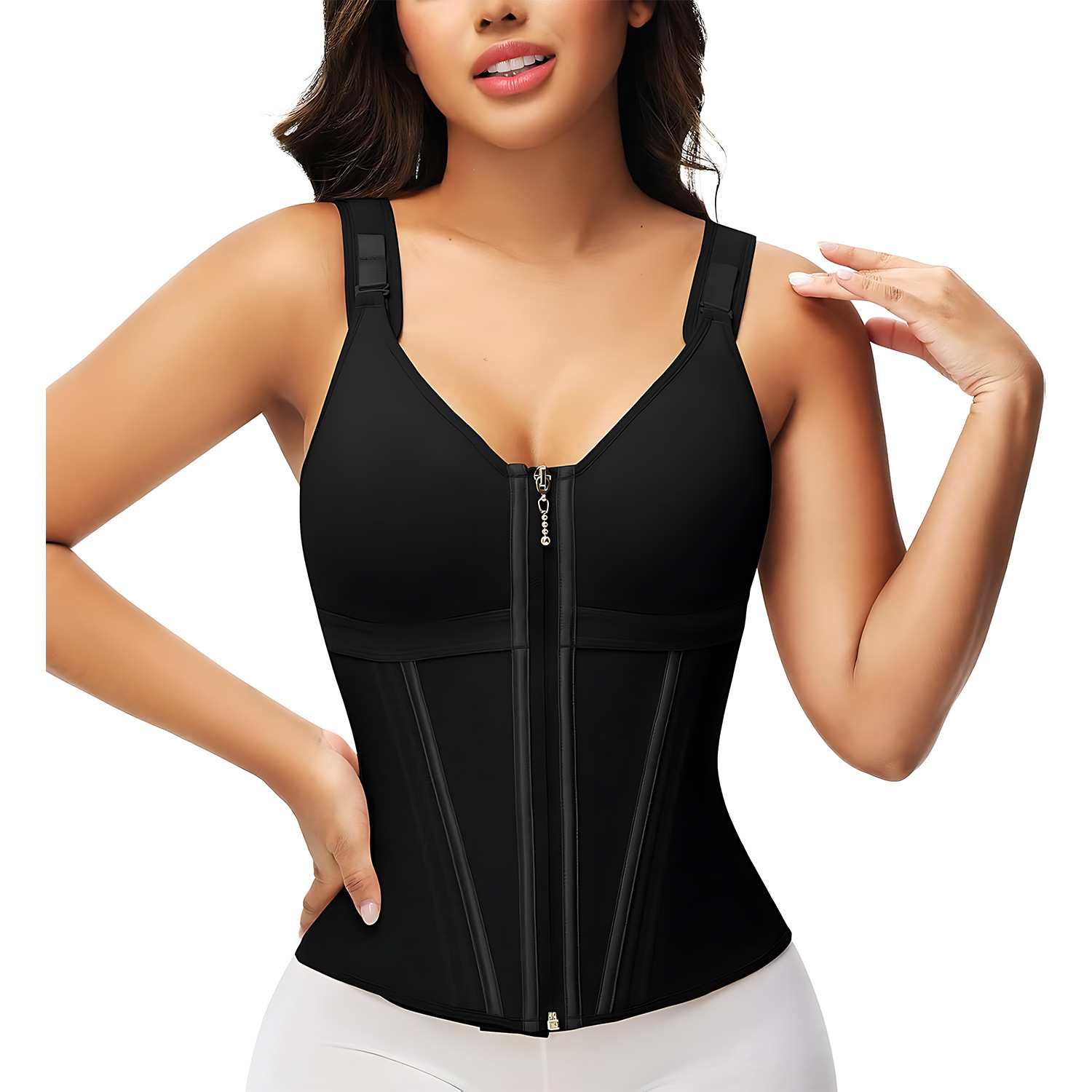 Woman wearing a black waist trainer on a white background